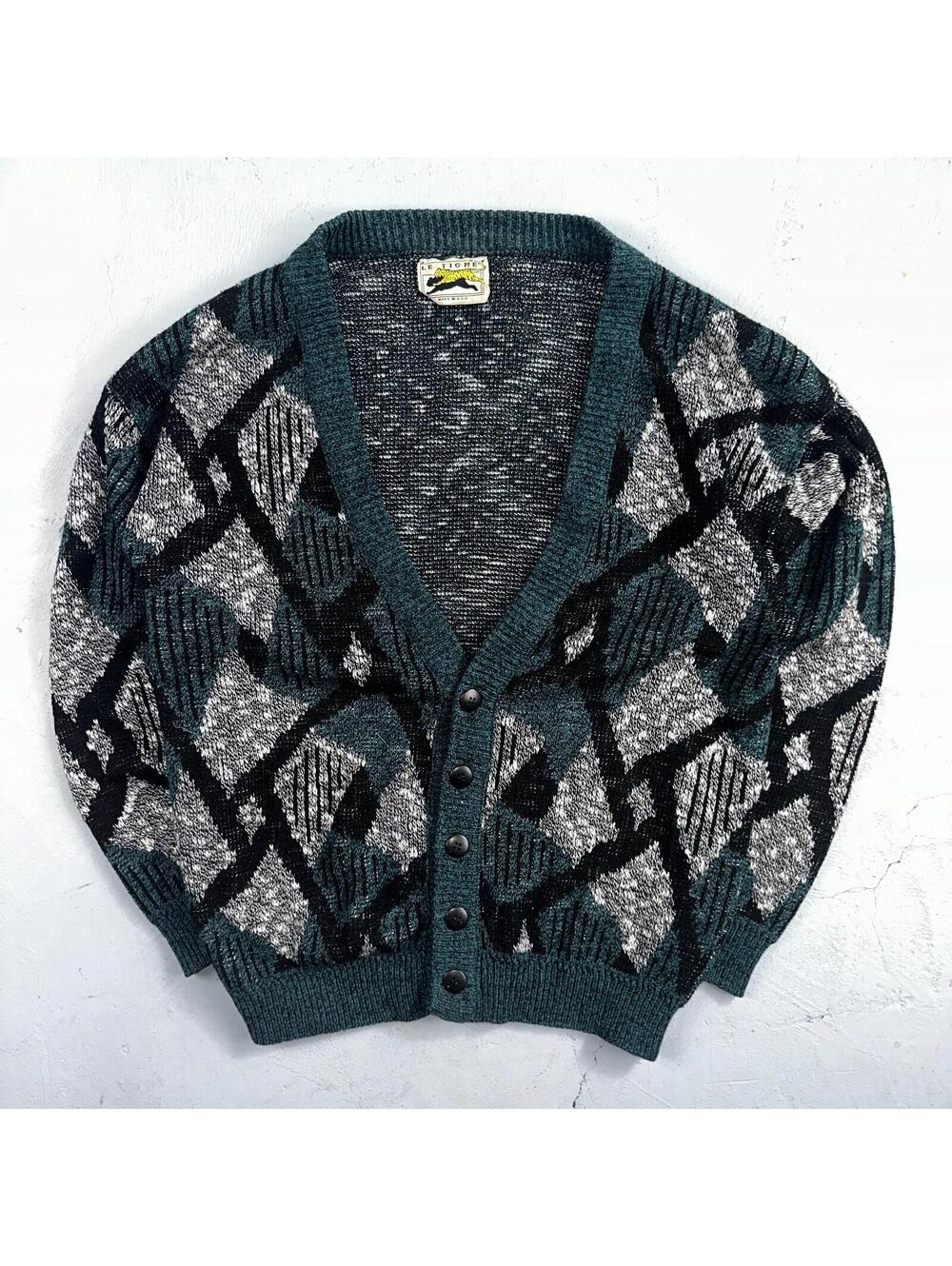 Vintage Le Tigre Mens Sweater M Blue Geometric Cardigan Grandpa 90s Cozy Aztec